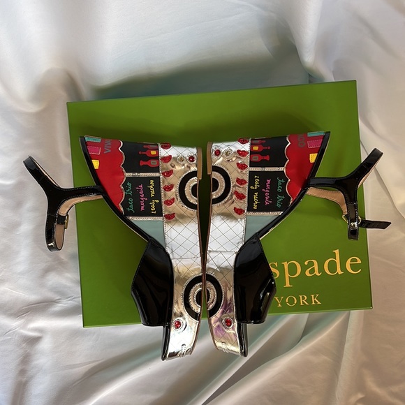 Kate Spade Black Patent Leather Dora Wedges Taco Truck Viva El Taco Size 10 - Picture 7 of 17
